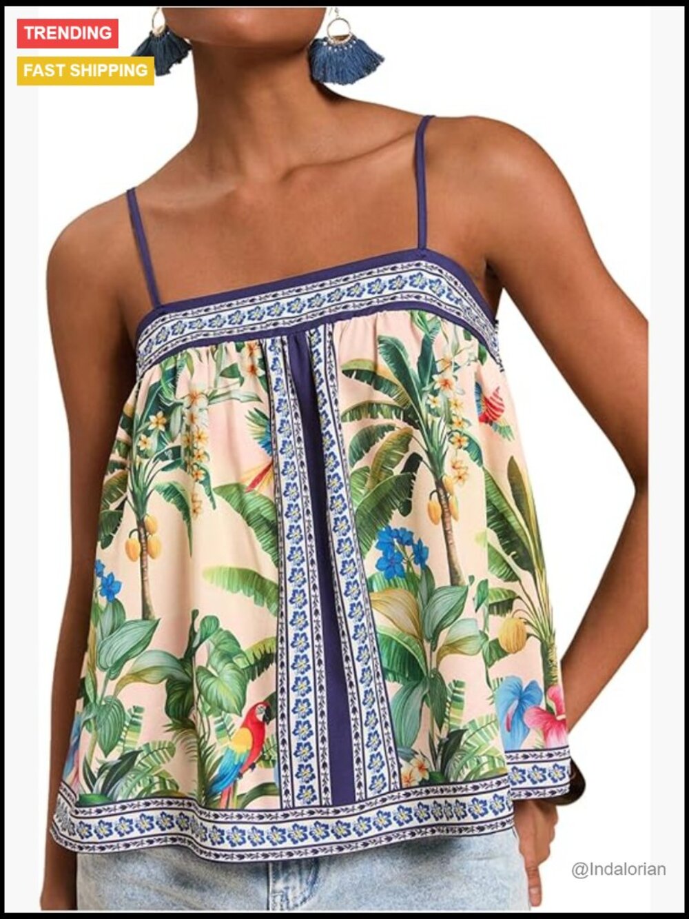 Tropical Floral Print Cami Top Spaghetti Strap Boho Vacation Summer